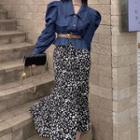 Puff-sleeve Collared Denim Blouse / Leopard Print Midi A-line Skirt