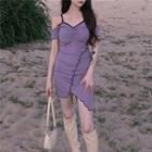 Contrasted Off-shoulder Ruched Mini Dress Purple - One Size