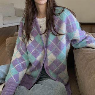 Argyle Print Cardigan Argyle - Purple & White & Green - One Size