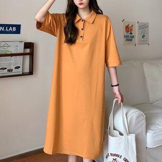 Short-sleeve Half-button Midi Dress