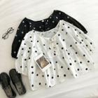 Polka Dot Lace-up Crewneck Puff-sleeve Top