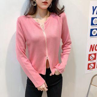 Long-sleeve V-neck Zip Cropped Knit Top