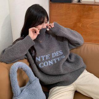 High-neck Lettering Long-sleeve Knit Top