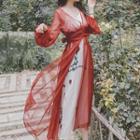 Set: Sleeveless Flower Maxi Dress + V-neck Sheer Dress