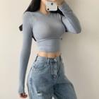 Long-sleeve Cropped T-shirt Blue - One Size