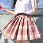 Set: Short-sleeve Shirt + Plaid Mini A-line Skirt