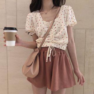 Heart Print Short-sleeve Drawstring Top / Elastic Waist Culottes