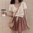 Heart Print Short-sleeve Drawstring Top / Elastic Waist Culottes