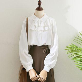 Long-sleeve Plain Ruffle Chiffon Shirt