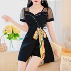 Set: Short-sleeve Panel A-line Dress + Shorts
