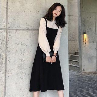 Mock Two-piece Puff-sleeve Midi Dress Long - Almond - One Size