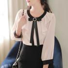 Contrast-trim Ruffled Blouse With Ribbon-brooch