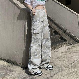 High-waist Camo Print Cargo Loose-fit Pants