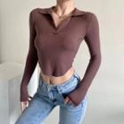 Long-sleeve Placket Round-hem Cropped T-shirt