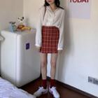 Lace Trim Blouse / Plaid Mini Pencil Skirt