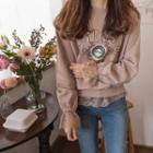 Lace-trim Printed Napped Sweatshirt Beige - One Size