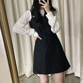 Long-sleeve Shirred Top / Spaghetti Strap Mini A-line Dress