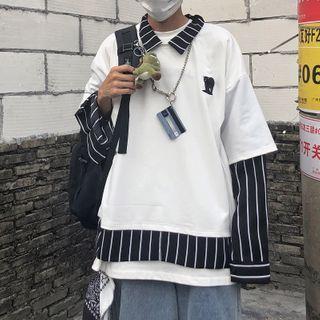 Mock Two-piece Embroidered Striped Panel T-shirt