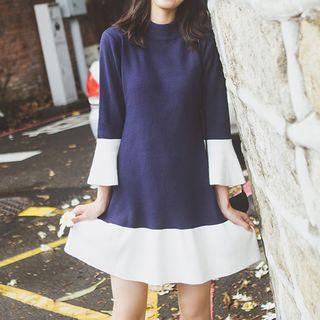 Color Block Long-sleeve A-line Knit Dress Blue - One Size