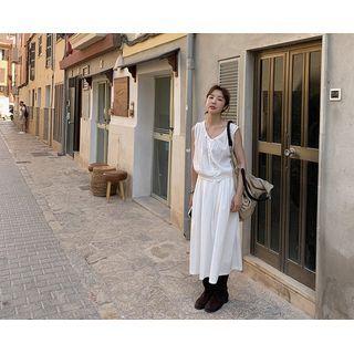 [dearest] Sleeveless Tie-neck Lace-trim Blouse Ivory - One Size