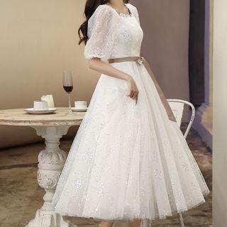 Puff-sleeve Square Neck Lace Midi A-line Cocktail Dress