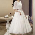 Puff-sleeve Square Neck Lace Midi A-line Cocktail Dress