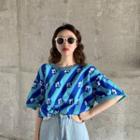 Flower Print Elbow-sleeve Knit Top Blue - One Size