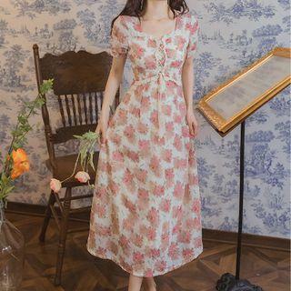 Short-sleeve Square Neck Floral Midi Dress