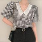 Gingham Short-sleeve Lace Collar Blouse
