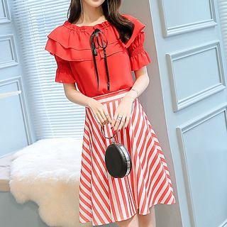 Set: Short-sleeve Ruffle Blouse + Striped A-line Skirt