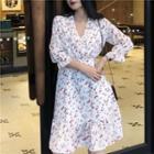 Long Sleeve Floral Print Chiffon Dress As Shown In Figure - One Size