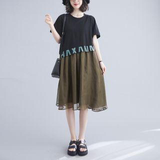 Short-sleeve Mesh Panel Midi Dress Green & Black - One Size