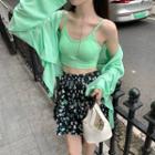 Plain Camisole / Long-sleeve Plain Cardigan / Floral Printed Mini Skirt