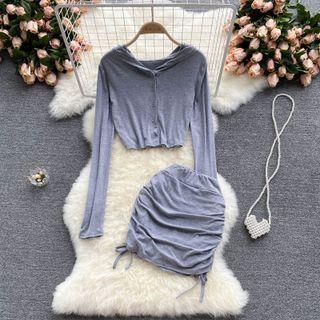 Set Of 2 : Long-sleeve Hooded Cardigan + Drawstring Skirt