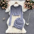 Set Of 2 : Long-sleeve Hooded Cardigan + Drawstring Skirt