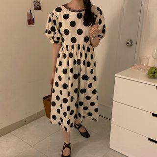 Dotted Puff-sleeve Midi A-line Dress Dot - White - One Size