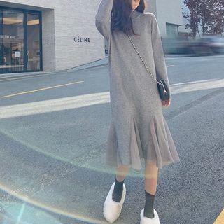 Long-sleeve Tulle Panel Knit Dress