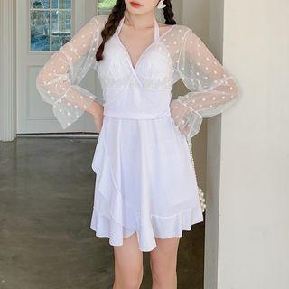 Bell-sleeve Dotted Mesh Panel Swim Dress