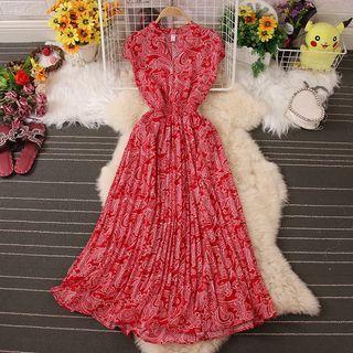 Sleeveless Print Accordion Pleat Maxi A-line Dress