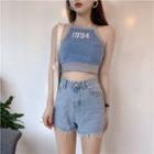 Letter Embroidered Contrast Trim Cropped Halter Top 44 - Grayish Blue - One Size