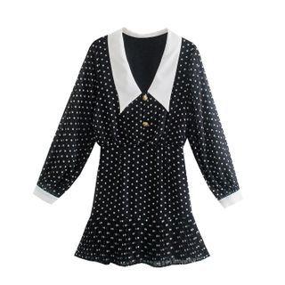Long-sleeve Collared Dotted Mini A-line Dress