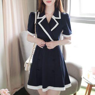 Piped Flared Mini Blazer Dress Navy Blue - One Size