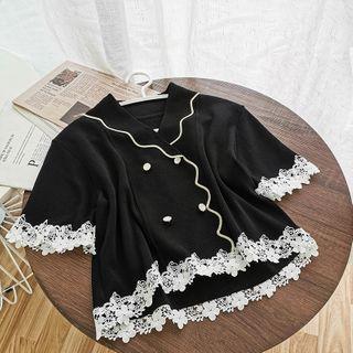 Short-sleeve Double-breasted Knit Top Black - One Size
