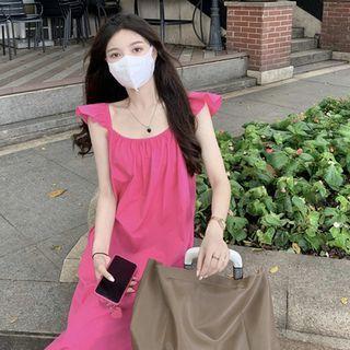 Cap-sleeve Plain Midi Dress Rose Pink - One Size