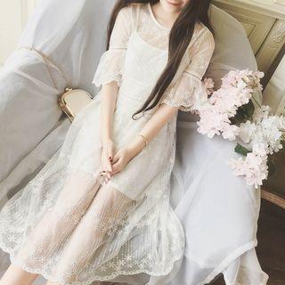 Set: Slipdress + Elbow-sleeve Lace A-line Midi Dress White - One Size