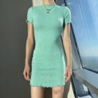 Ribbed Ruffle-trim Short-sleeve Mini Bodycon Dress