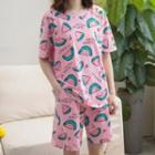 Loungewear Set: Short-sleeve Watermelon Print T-shirt + Shorts