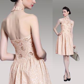 Embellished Lace Panel Halter Cocktail Dress