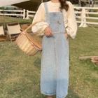 Plain Long-sleeve Blouse / Denim Midi A-line Pinafore Dress