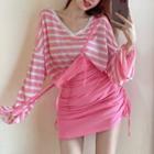 Long-sleeve V-neck Striped T-shirt / Drawstring Mini Overall Dress